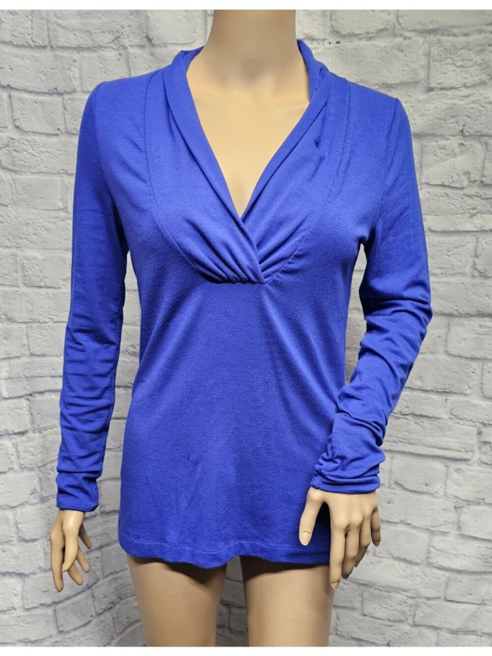 Kenneth Cole Reaction S Blue L/S Bunched V-Neck Slim Fit Stretch Basic Top